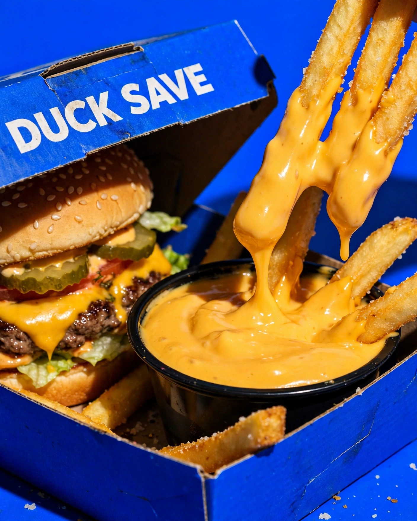 Food – Burger mit Fries und Cheese-Dip